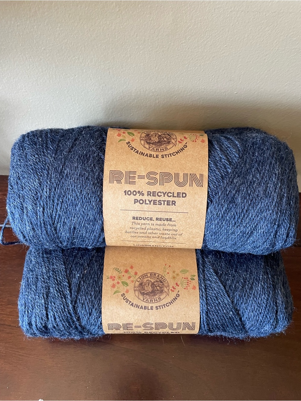 Lot 3 skeins Lion Brand Re-Spun 100% Recycled Polyester Yarn Deep Denim NEW